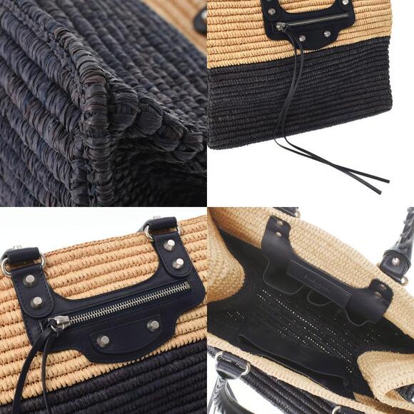 BALENCIAGA Basket Bag Natural Navy Blue Raffia Leather Handbag - Picture 9 of 11